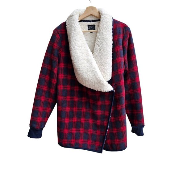 Jachs Girlfriend Plaid Blue Red Sherpa Cardigan Sweater Jacket, Size Medium - Picture 1 of 10